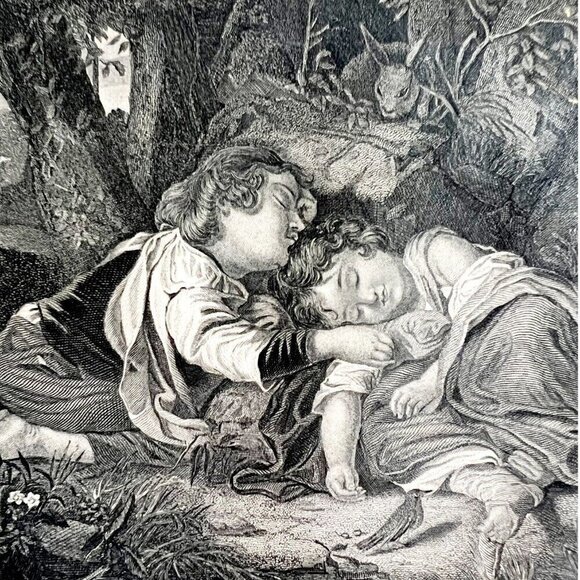 Children Sleeping In The Woods Steel Engraving 1859 Victorian Family Art DWY5C